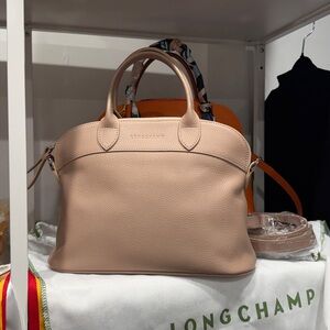 Longchamp Cream/Nude Pebbled Leather Tote/Top Handle Bag with Removable Strap